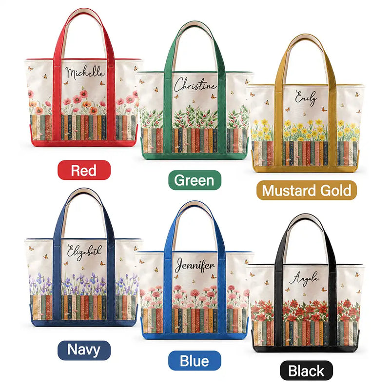 Reading,Gift For Yourself,Gift For Women,Icon,Happy - Bookshelf Flower Garden Woman Name - Personalized Fabric Tote Bag