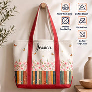 Reading,Gift For Yourself,Gift For Women,Icon,Happy - Bookshelf Flower Garden Woman Name - Personalized Fabric Tote Bag
