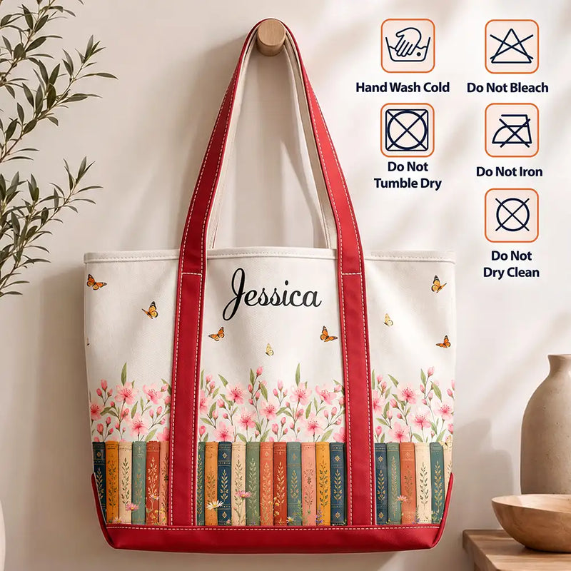 Reading,Gift For Yourself,Gift For Women,Icon,Happy - Bookshelf Flower Garden Woman Name - Personalized Fabric Tote Bag