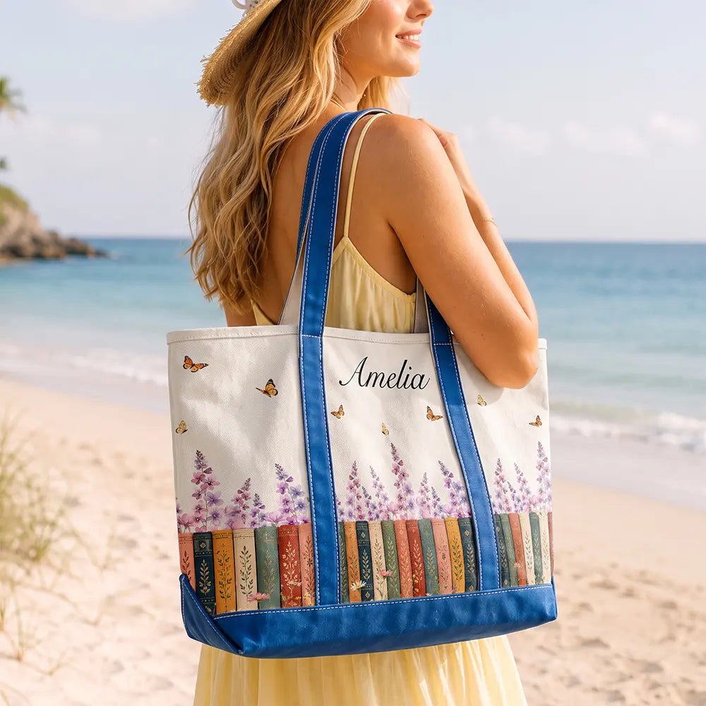Reading,Gift For Yourself,Gift For Women,Icon,Happy - Bookshelf Flower Garden Woman Name - Personalized Fabric Tote Bag