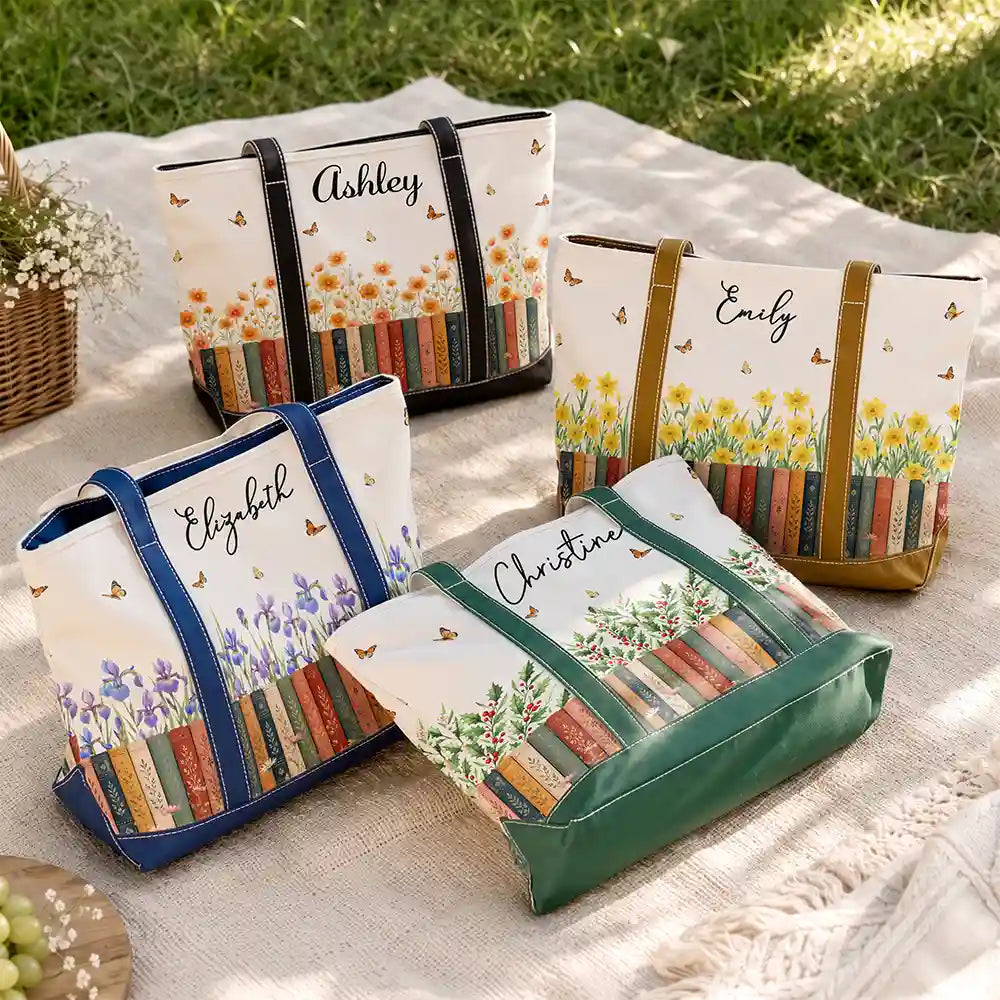 Reading,Gift For Yourself,Gift For Women,Icon,Happy - Bookshelf Flower Garden Woman Name - Personalized Fabric Tote Bag