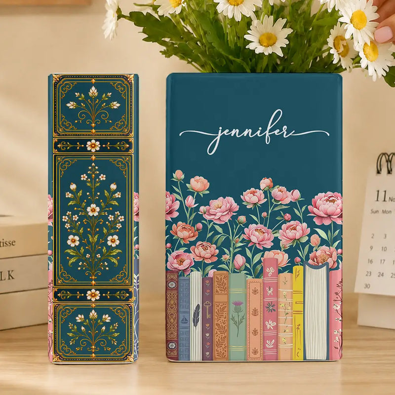Christmas,Cozy,Reading,Gift For Yourself,Gift For Women,Icon - Bookshelf Library Birth Month Flower - Personalized Ceramic Book Vase