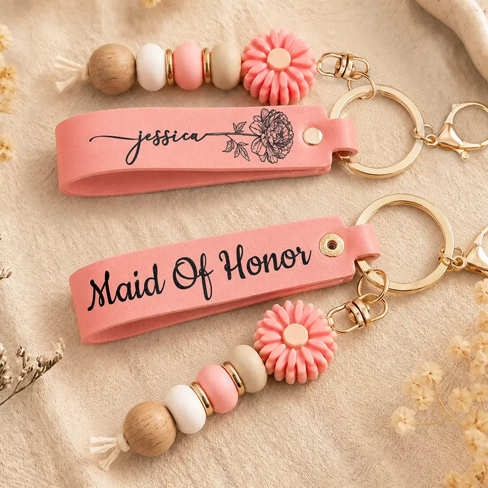 Sentimental, Wedding, Icon - Bridesmaids Gift Birth Month Flower - Personalized Leather Beaded Keychain