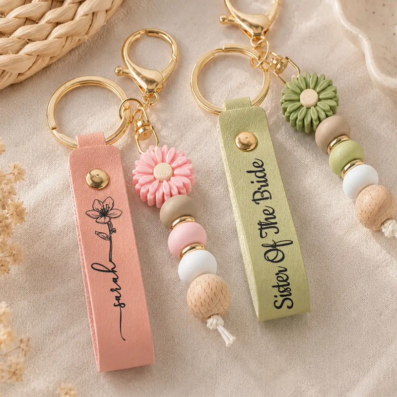 Sentimental, Wedding, Icon - Bridesmaids Gift Birth Month Flower - Personalized Leather Beaded Keychain