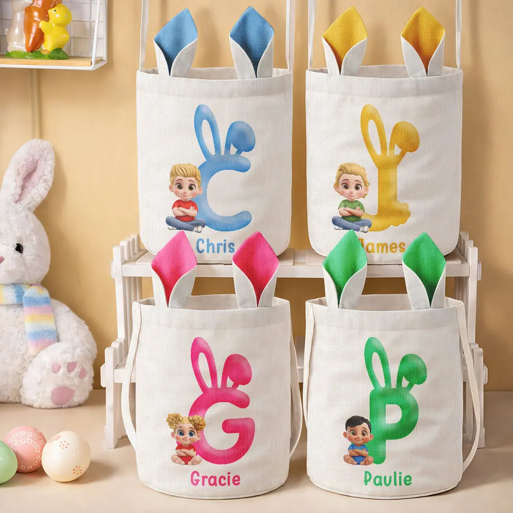 Gift For Kids,Grandpa - Grandkids,Grandma - Grandkids,Gift For Grandkids,Easter - Bunny Alphabet With Kid Baby Sitting 3D Effect - Personalized Bunny Ears Bucket Bag