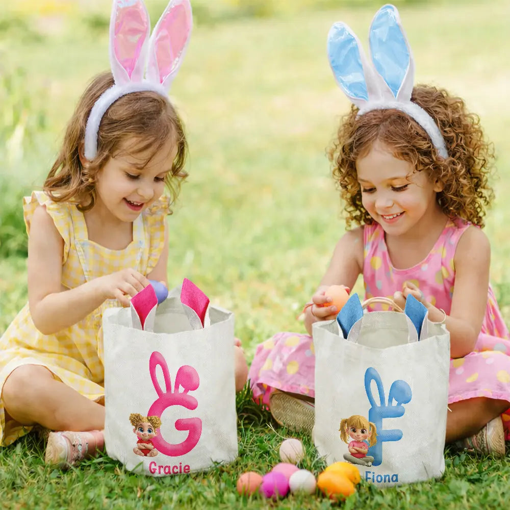 Gift For Kids,Grandpa - Grandkids,Grandma - Grandkids,Gift For Grandkids,Easter - Bunny Alphabet With Kid Baby Sitting 3D Effect - Personalized Bunny Ears Bucket Bag