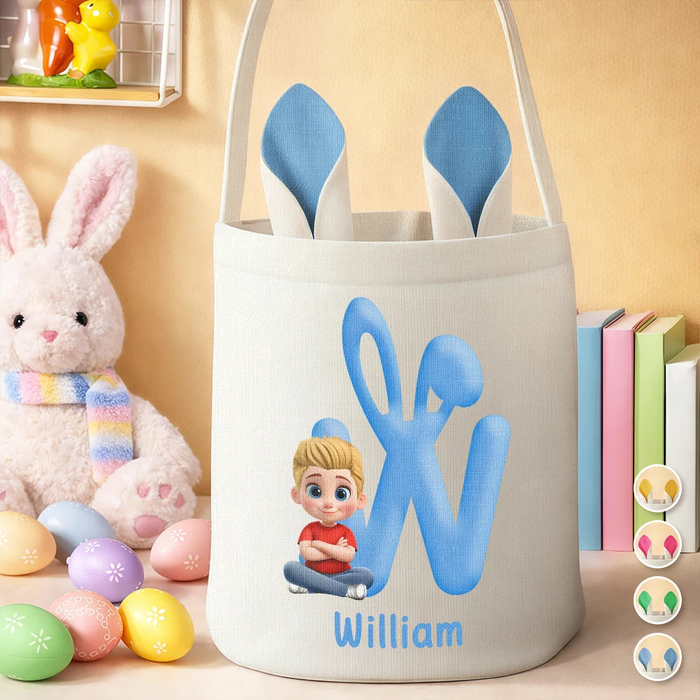 Bunny Alphabet With Kid Baby Sitting 3D Effect - Personalized Bunny Ears Bucket Bag