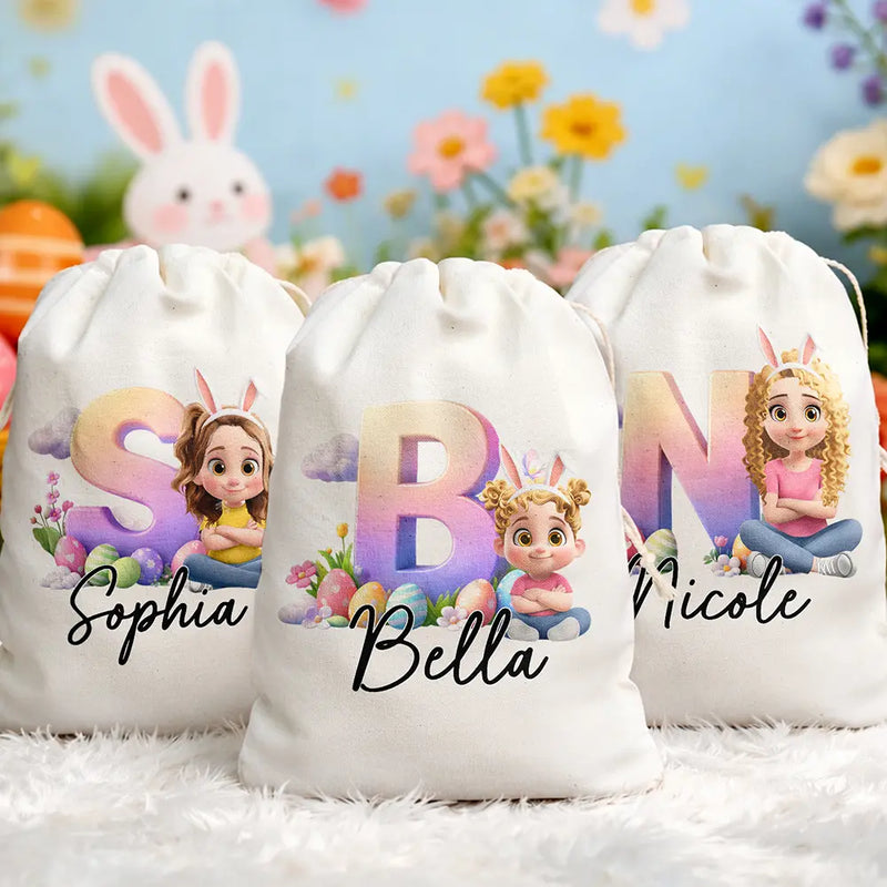 Grandpa - Grandkids,Gift For Kids,Grandma - Grandkids,Gift For Grandkids,Dad - Children,Mom - Children,Parents,Easter - Bunny Ears Kids Sitting With Alphabet - Personalized Favor Bag