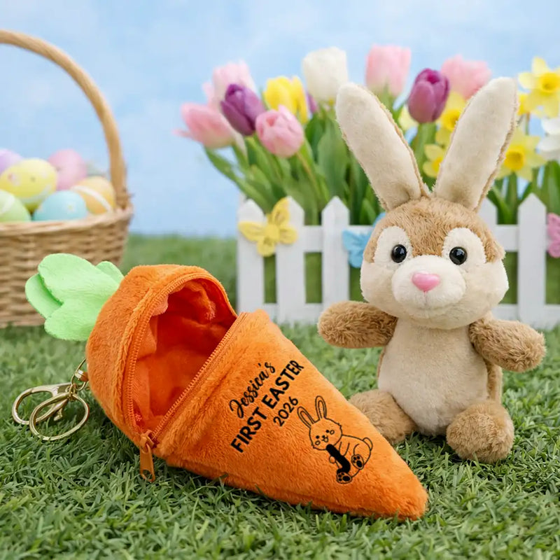 Easter,Happy,Parents,Dad - Children,Mom - Children,Gift For Kids - Bunny Holding Alphabet Letters - Personalized Plush Reversible Carrot Bunny Keychain