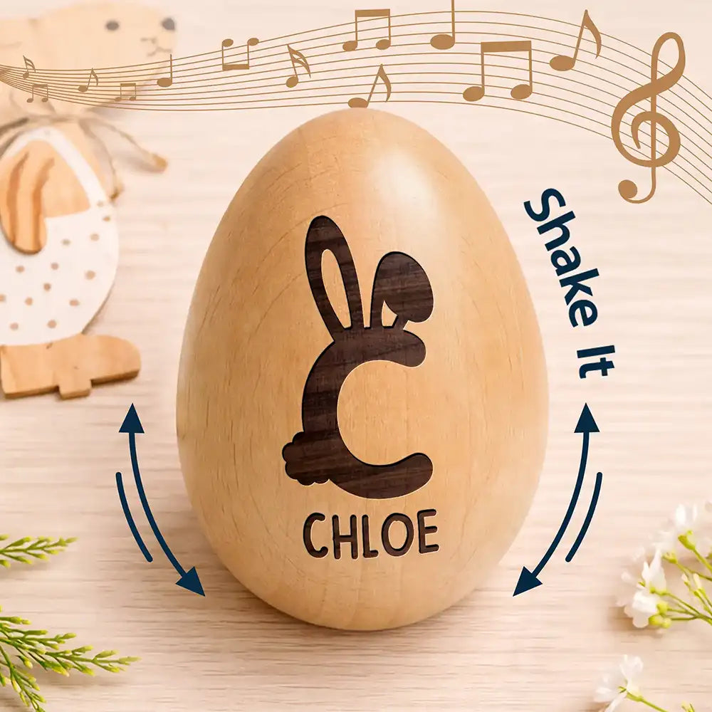 Gift For Kids, Gift For Grandkids, Non-Eng - Bunny Monogram Letter - Personalized Musical Wooden Easter Egg Shaker