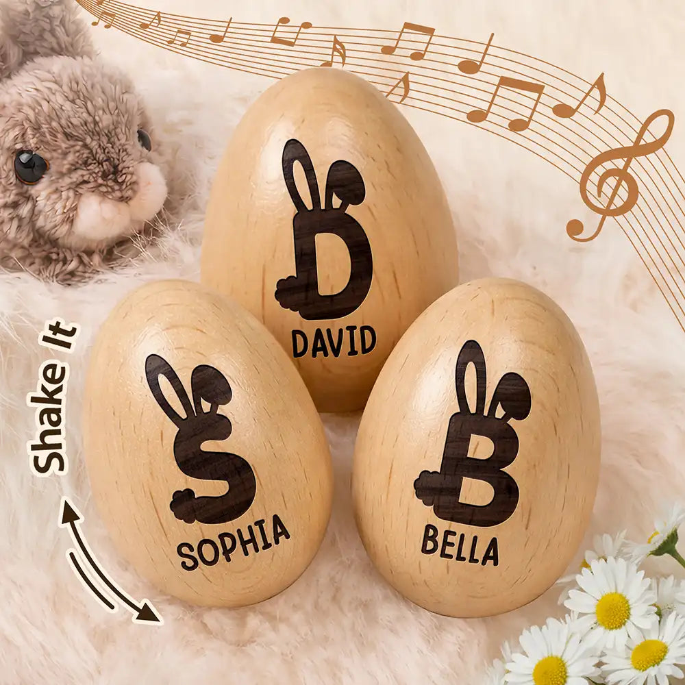 Gift For Kids, Gift For Grandkids, Non-Eng - Bunny Monogram Letter - Personalized Musical Wooden Easter Egg Shaker