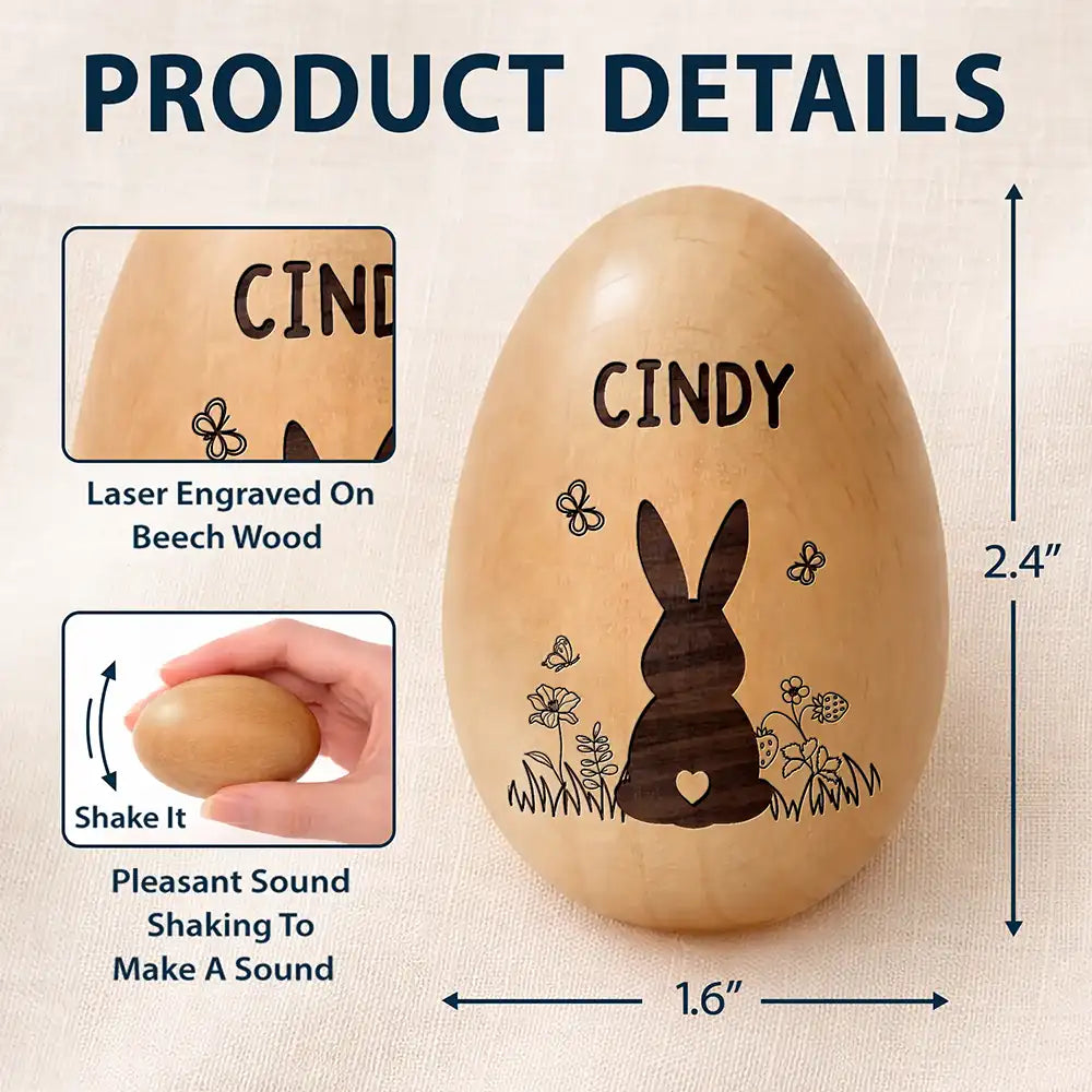 Gift For Kids,Grandma - Grandkids,Gift For Grandkids,Dad - Children,Mom - Children,Easter,Happy - Bunny With Spring Flowers - Personalized Musical Wooden Easter Egg Shaker