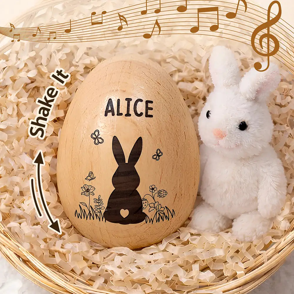 Gift For Kids,Grandma - Grandkids,Gift For Grandkids,Dad - Children,Mom - Children,Easter,Happy - Bunny With Spring Flowers - Personalized Musical Wooden Easter Egg Shaker