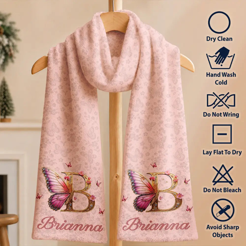 Confident,Christmas,Gift For Yourself,Gift For Women,Icon - Butterfly Floral Alphabet For Her - Personalized Fleece Scarf