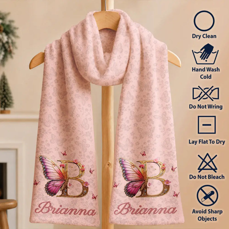 Confident,Christmas,Gift For Yourself,Gift For Women,Icon - Butterfly Floral Alphabet For Her - Personalized Fleece Scarf