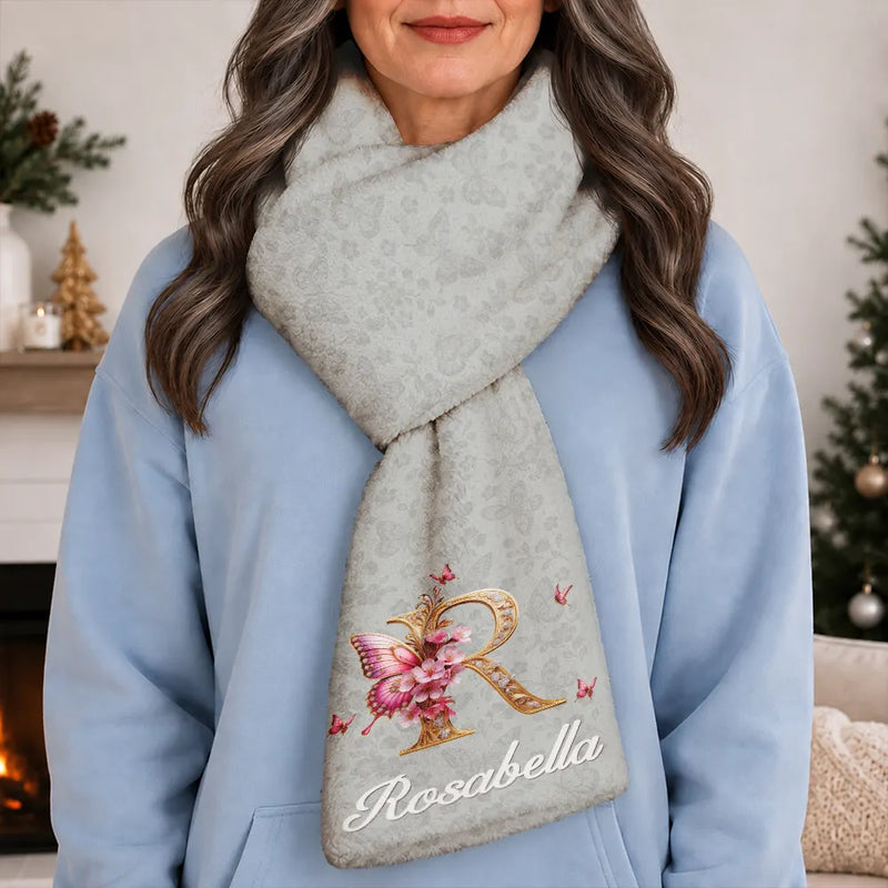 Confident,Christmas,Gift For Yourself,Gift For Women,Icon - Butterfly Floral Alphabet For Her - Personalized Fleece Scarf