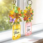 Gift For Grandma,Grandma - Grandkids,Happy,Icon,Grateful - First Mom Now Grandma Sunflower Love Bugs - Personalized Window Hanging Suncatcher Ornament