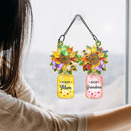 Gift For Grandma,Grandma - Grandkids,Happy,Icon,Grateful - First Mom Now Grandma Sunflower Love Bugs - Personalized Window Hanging Suncatcher Ornament