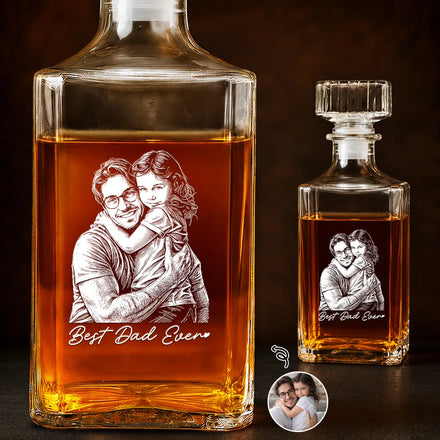 Custom Photo White Pencil Sketch Art Best Dad Grandpa Ever Family Portrait - Personalized Square Whiskey Bottle