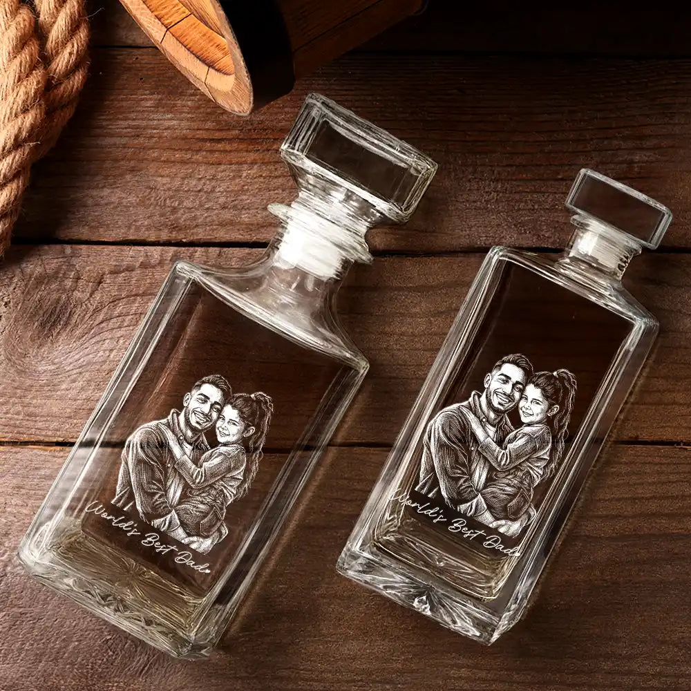 Gift For Father,Gift For Grandpa,Non-Eng,Photo - Pencil Sketch (Dark BG),Proud - Custom Photo White Pencil Sketch Art Best Dad Grandpa Ever Family Portrait - Personalized Square Whiskey Bottle