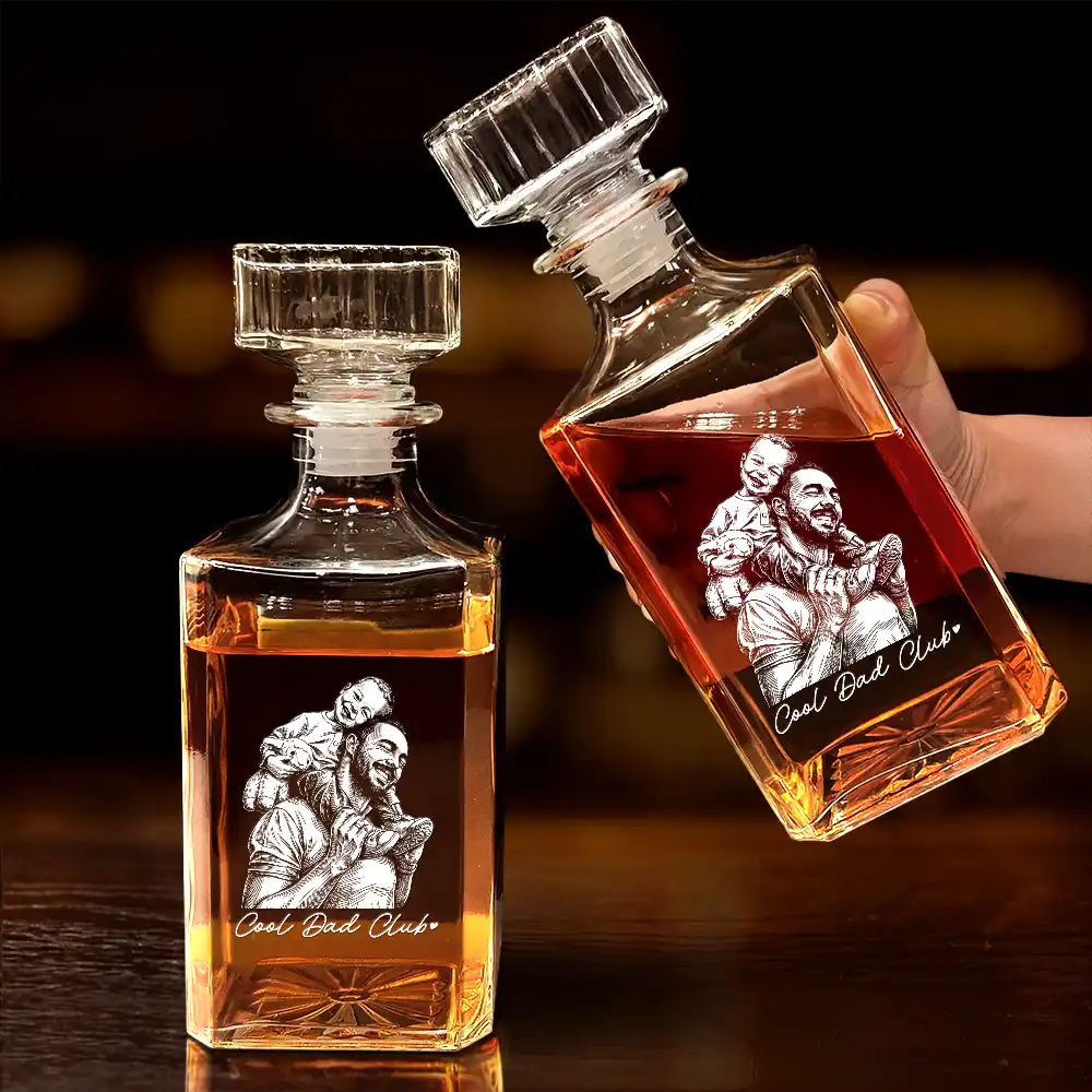 Gift For Father,Gift For Grandpa,Non-Eng,Photo - Pencil Sketch (Dark BG),Proud - Custom Photo White Pencil Sketch Art Best Dad Grandpa Ever Family Portrait - Personalized Square Whiskey Bottle