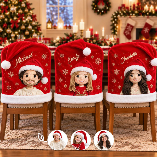 Art Design,Christmas,Custom Photo,Family,Happy,Photo - Crochet Doll Effect - Christmas Table Decor Gift For Family - Personalized Custom Photo Crochet Effect Chair Cover
