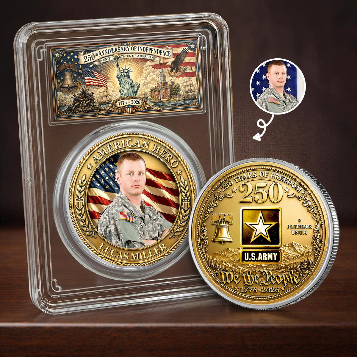Independence Day,Veteran,Top Market,Photo,Proud - Custom Photo American Hero 250 Years Of Freedom - Personalized Commemorative Keepsake Coin