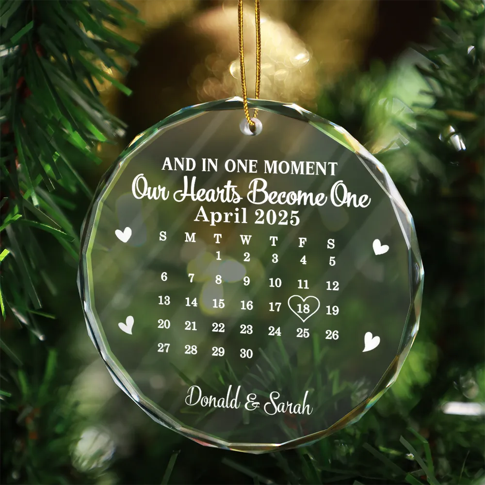 Gift For Couples, Gift For Women, Gift For Men, Gift For Husband, Gift For Wife, Top Market, Christmas, Love, LGBT, Gift For Boyfriend, Gift For Girlfriend - Calendar And In One Moment Our Hearts Become One - Personalized Circle Glass Ornament
