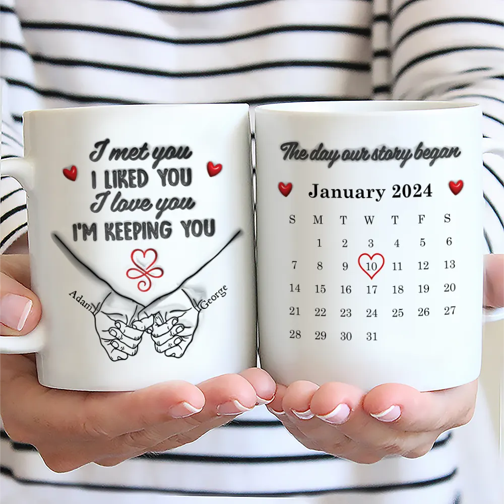 Top Market,Wedding Anniversary,Old Couples,Romantic,Gift For Couples,Calendar - Calendar Couple Holding Hands I Met You Liked You Love You 3D Inflated Effect - Personalized White Edge-to-Edge Mug