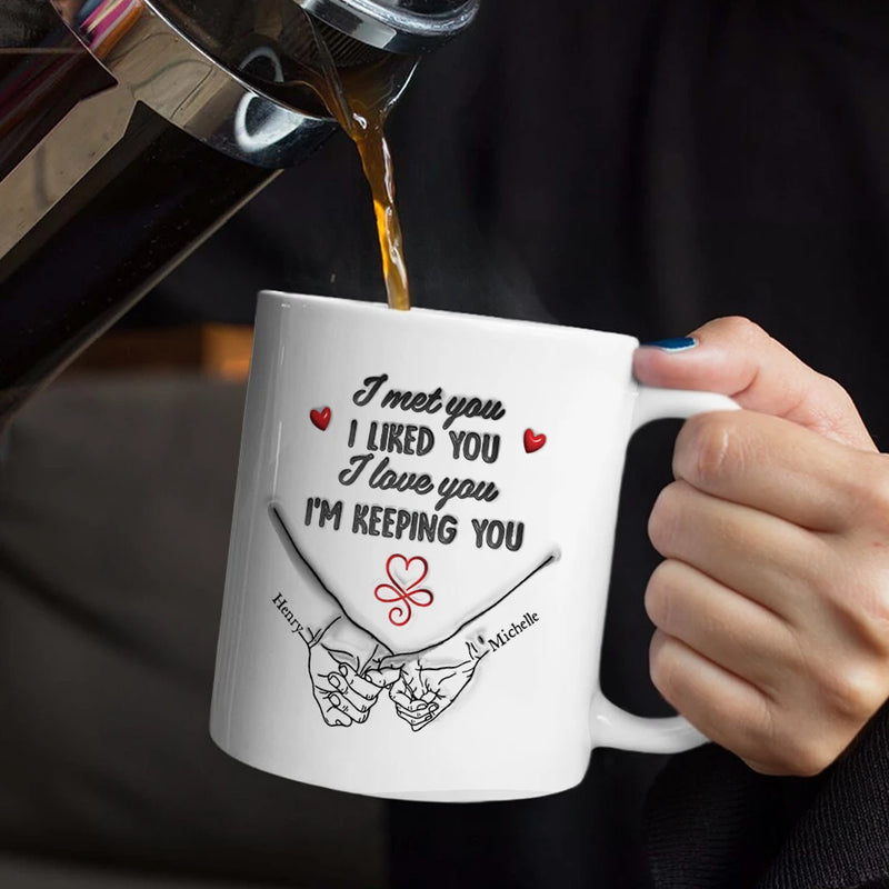 Top Market,Wedding Anniversary,Old Couples,Romantic,Gift For Couples,Calendar - Calendar Couple Holding Hands I Met You Liked You Love You 3D Inflated Effect - Personalized White Edge-to-Edge Mug