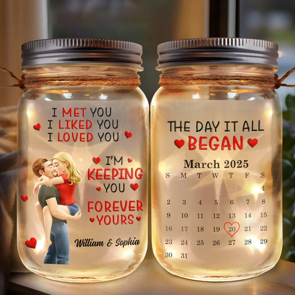 Gift For Couples,Gift For Husband,Gift For Wife,Gift For Boyfriend,Gift For Girlfriend - Calendar I Met You Liked You Love You Forever - Personalized Mason Jar Light