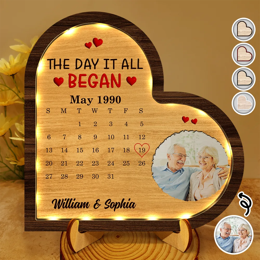 Gift For Couples,Gift For Husband,Gift For Wife,Gift For Girlfriend,LGBT,Love - Custom Photo Calendar The Day It All Began - Personalized LED Light Wooden Plaque
