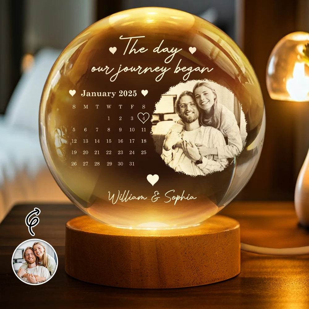 Custom Photo Calendar The Day Our Journey Began - Personalized Crystal Globe Lamp