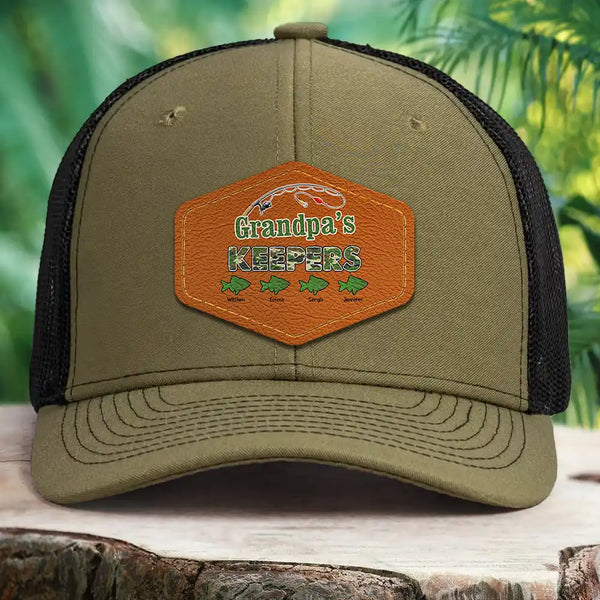 Gift For Husband, Gift For Grandpa, Fishing, Dad's Hobby - Camouflage Grandpa Dad’s Keepers - Personalized Leather Patch Hat