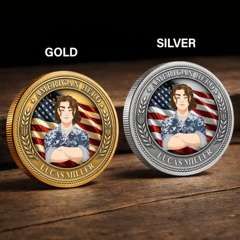 America 250th,Independence Day,Family,Proud,Vector - Camouflage Man Woman American Hero - Personalized Commemorative Keepsake Coin