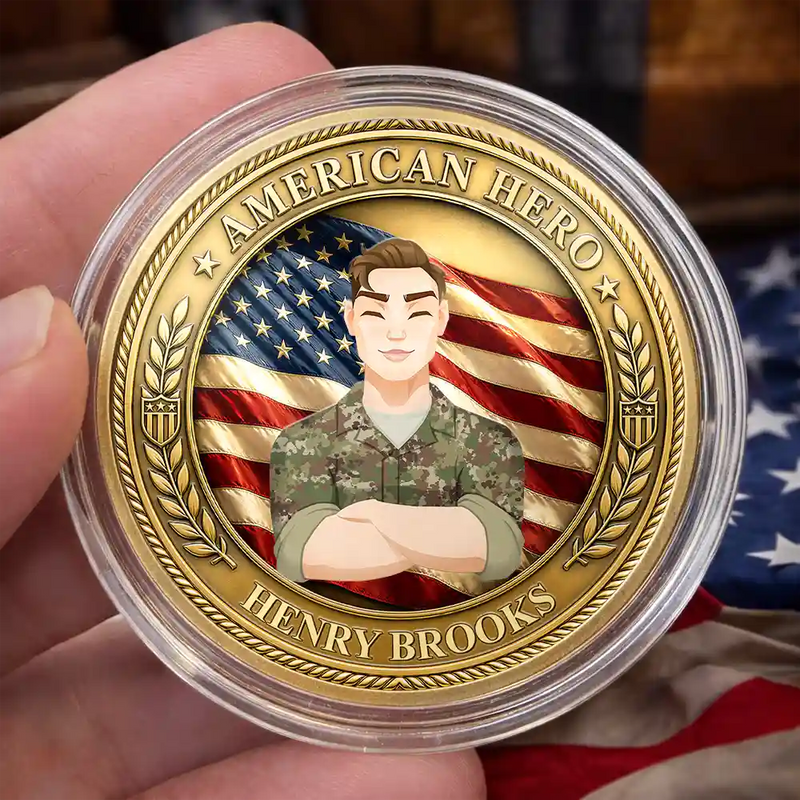 America 250th,Independence Day,Family,Proud,Vector - Camouflage Man Woman American Hero - Personalized Commemorative Keepsake Coin