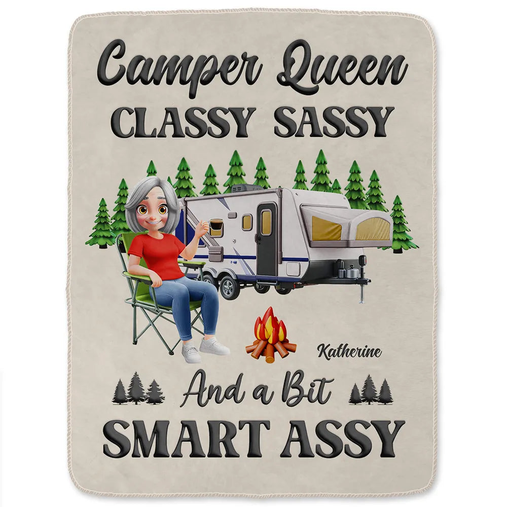 Gift For Yourself, Gift For Women, Happy, Camping - Camper Queen Classy Sassy - Personalized Fleece Blanket, Sherpa Blanket