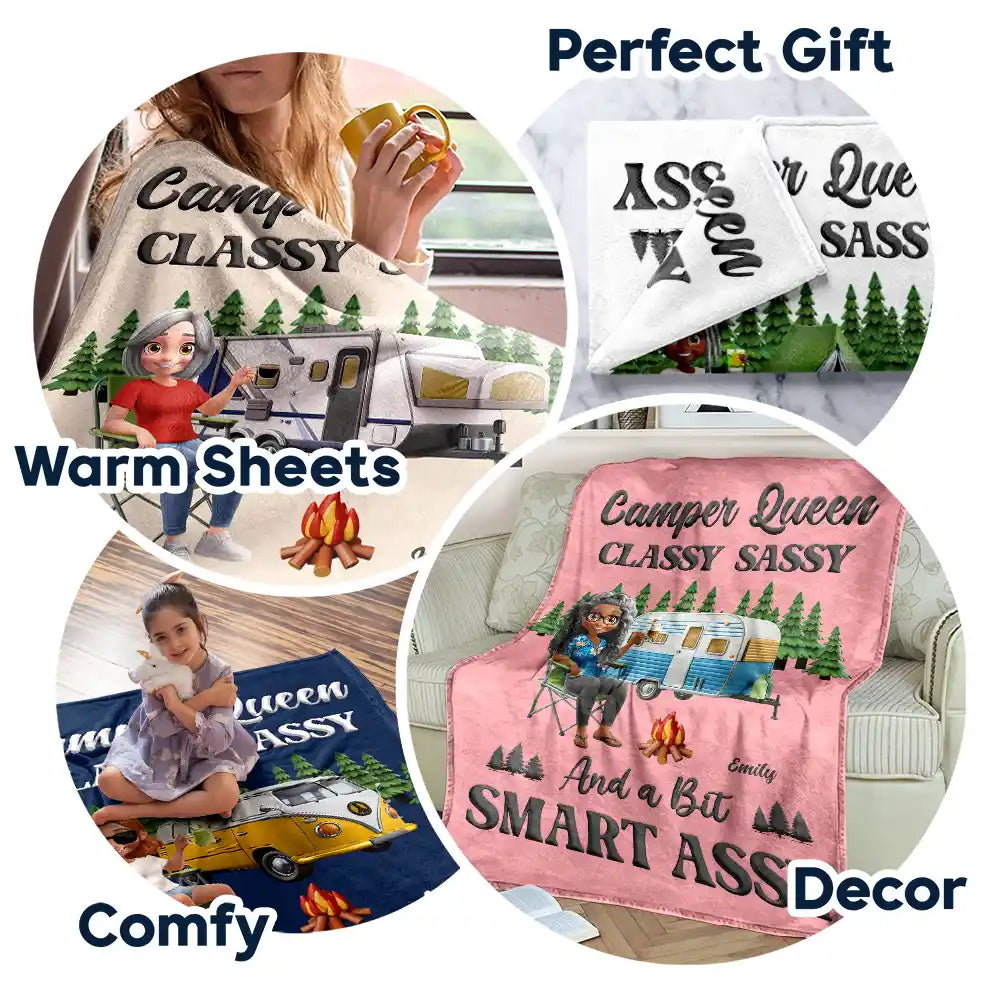 Gift For Yourself, Gift For Women, Happy, Camping - Camper Queen Classy Sassy - Personalized Fleece Blanket, Sherpa Blanket