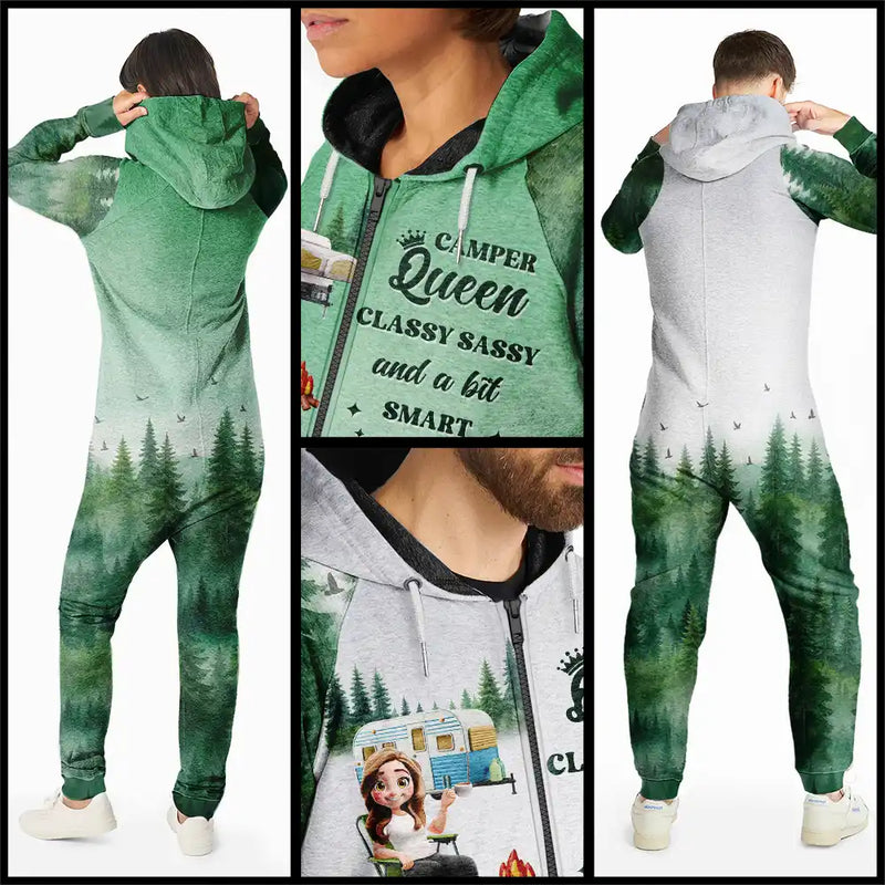 Gift For Yourself,Gift For Women,Happy,Camping - Camper Queen Classy Sassy - Personalized Overall Onesie Hooded Jumpsuit