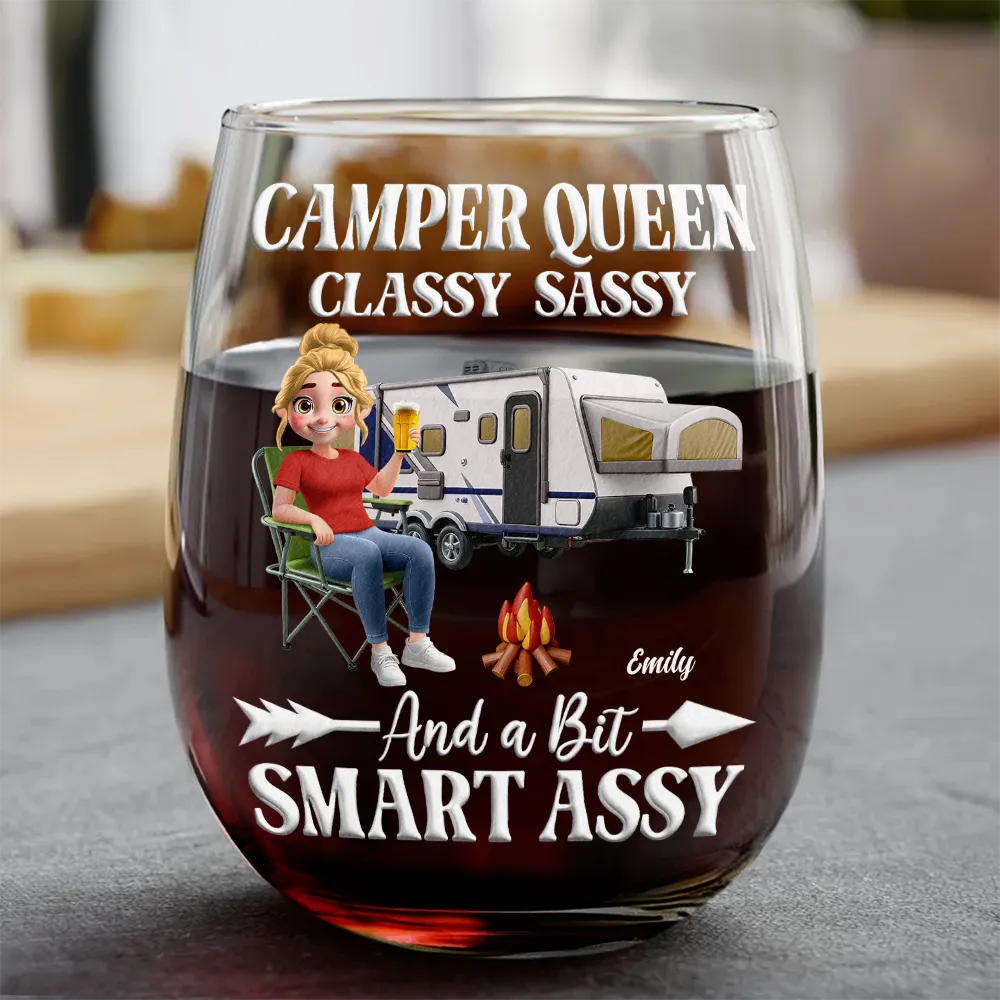 Camper Queen Classy Sassy - Personalized Stemless Wine Glass