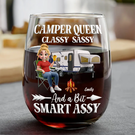 Camper Queen Classy Sassy - Personalized Stemless Wine Glass