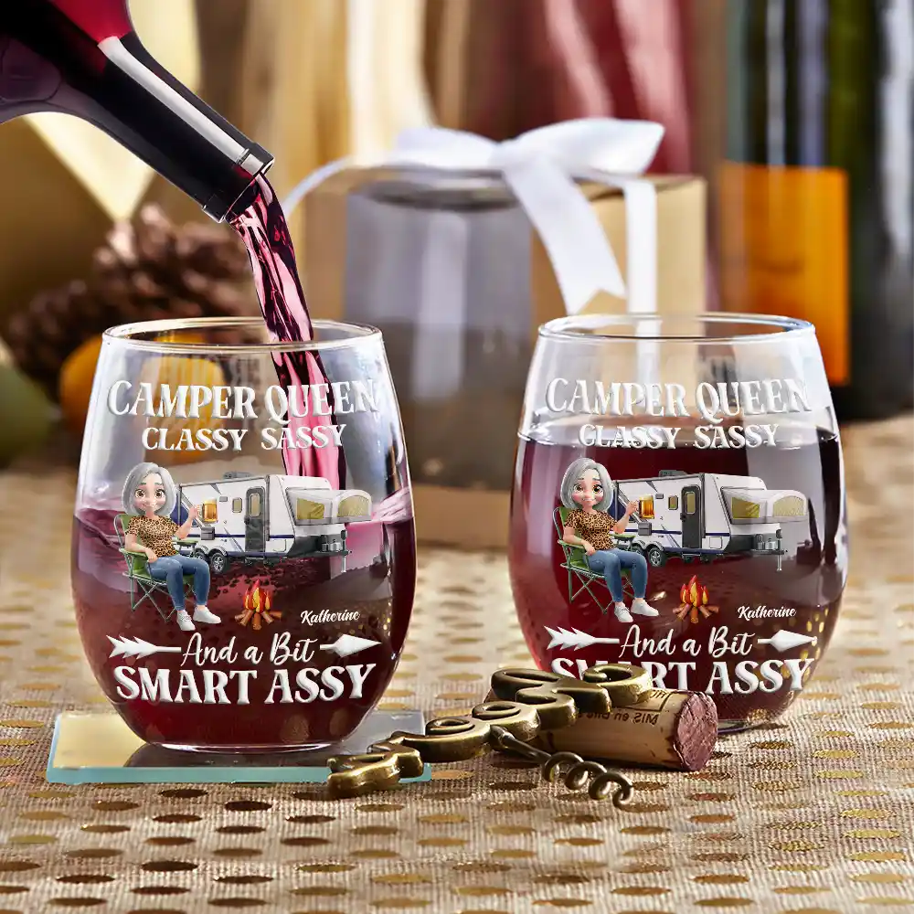 Gift For Yourself,Gift For Women,Happy,Camping - Camper Queen Classy Sassy - Personalized Stemless Wine Glass