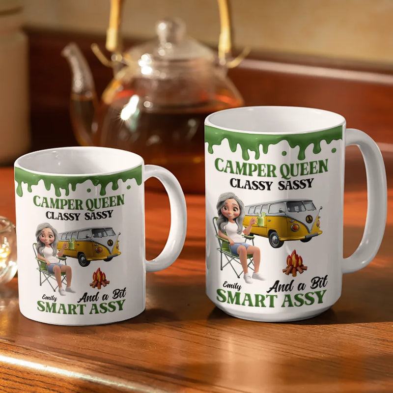 Gift For Women, Gift For Yourself, Camping, Campsite, Happy - Camper Queen Classy Sassy - Personalized White Edge-to-Edge Mug