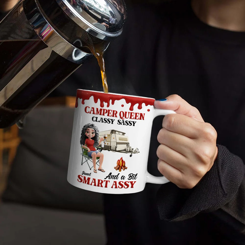 Gift For Women, Gift For Yourself, Camping, Campsite, Happy - Camper Queen Classy Sassy - Personalized White Edge-to-Edge Mug