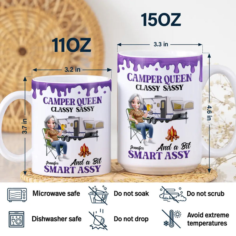 Gift For Women, Gift For Yourself, Camping, Campsite, Happy - Camper Queen Classy Sassy - Personalized White Edge-to-Edge Mug