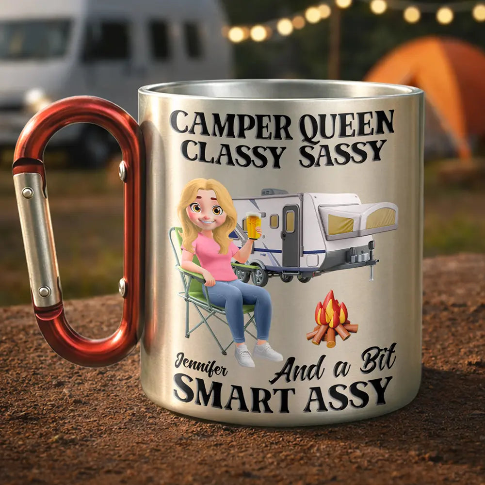 Campsite,Camping,Funny,Gift For Women,Gift For Yourself - Camper Queen Classy Sassy 3D Effect - Personalized Carabiner Mug