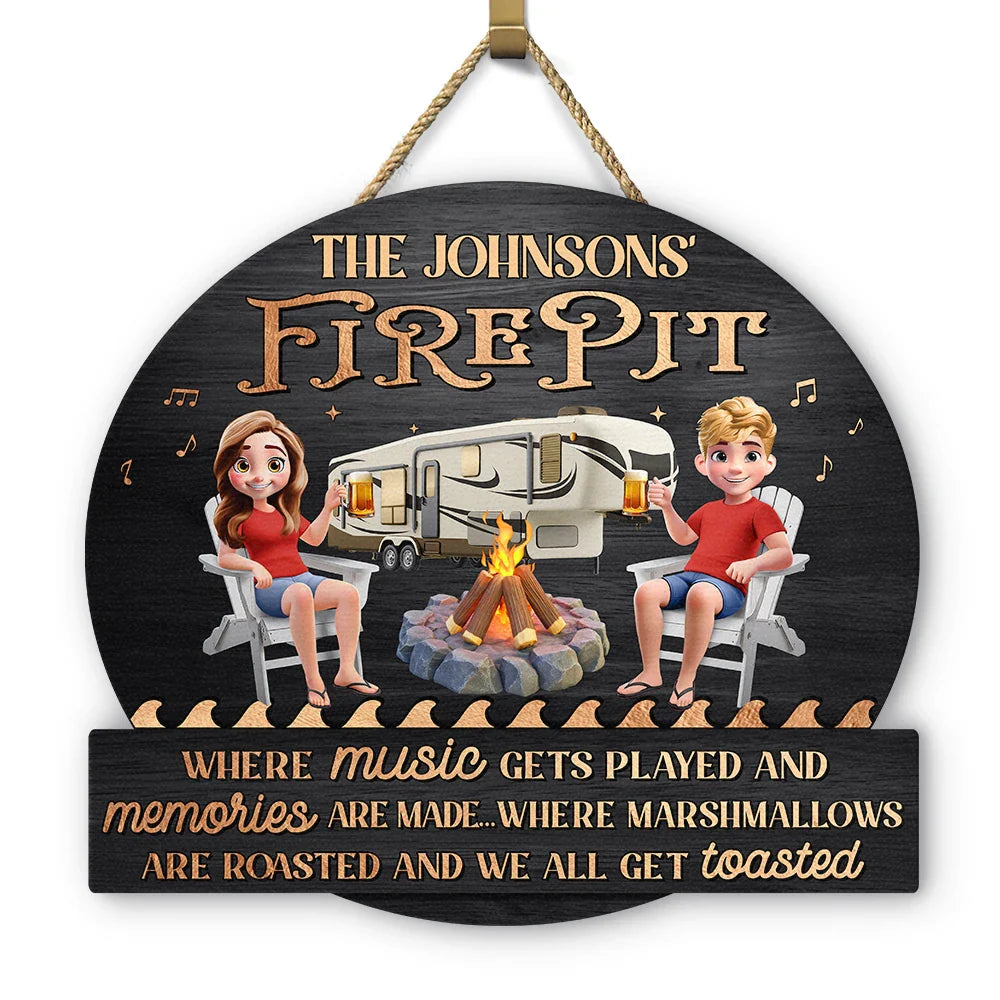 Gift For Couples, Gift For Husband, Gift For Wife, Camping, Campsite, Happy - Camping Firepit Couple Where Music Gets Played - Personalized Custom Shaped Wood Sign