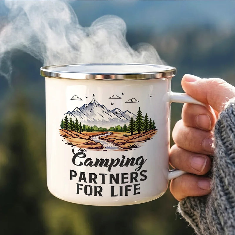 Gift For Couples,Old Couples,Gift For Husband,Gift For Wife,Gift For Boyfriend,Gift For Girlfriend,Happy - Camping Partners For Life - Personalized Enamel Mug