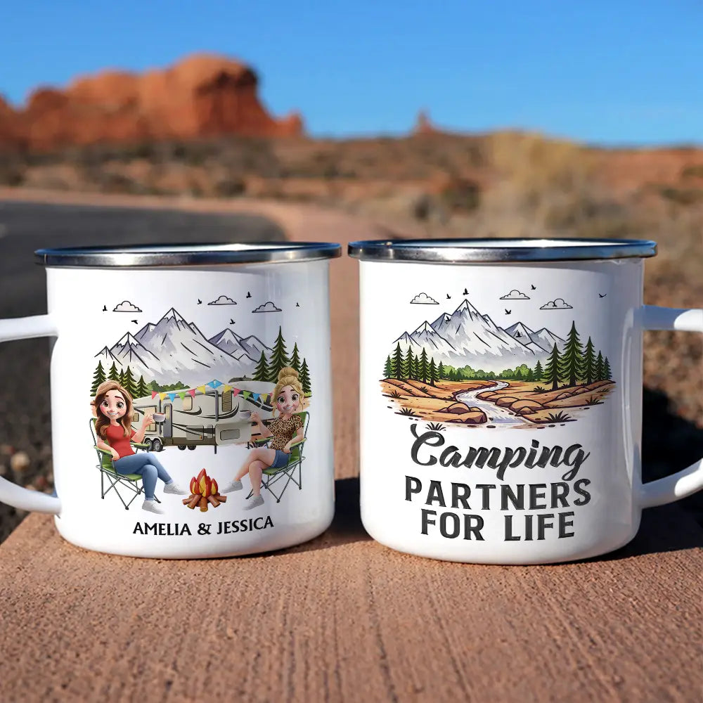 Gift For Couples,Old Couples,Gift For Husband,Gift For Wife,Gift For Boyfriend,Gift For Girlfriend,Happy - Camping Partners For Life - Personalized Enamel Mug