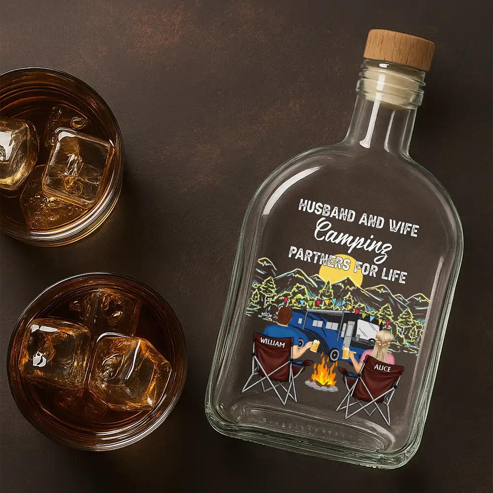 Camping, Campsite, Gift For Couples, Happy, Gift For Husband, Gift For Girlfriend, Gift For Boyfriend, Gift For Wife - Camping Partners For Life - Personalized Whiskey Bottle